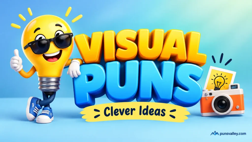 Clever visual puns featured image with bold 3D typography, a smiling light-bulb mascot, and a colorful camera.