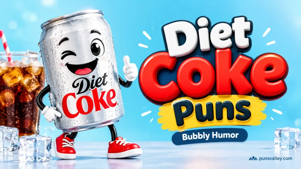 Diet Coke puns featured image with a smiling Diet Coke can mascot and bold 3D lettering.
