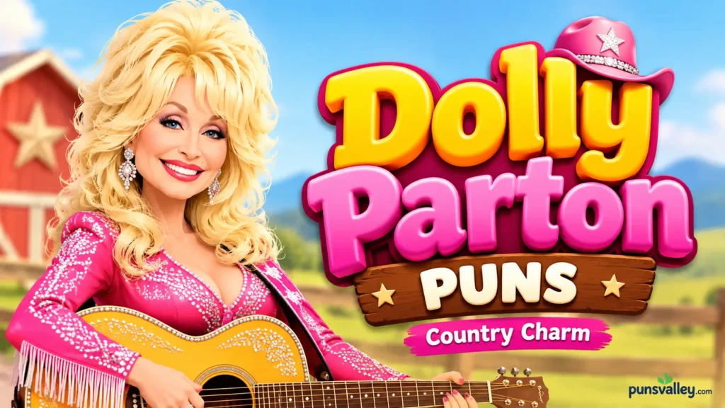 Featured image for dolly parton puns with a blonde country singer, guitar, and bold 3D lettering.