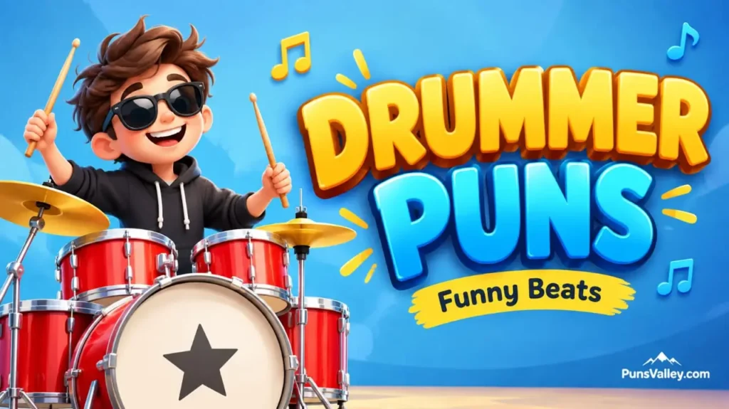 Bright and colorful featured thumbnail image featuring 3D bold text reading drummer puns with a cute drum set illustration.