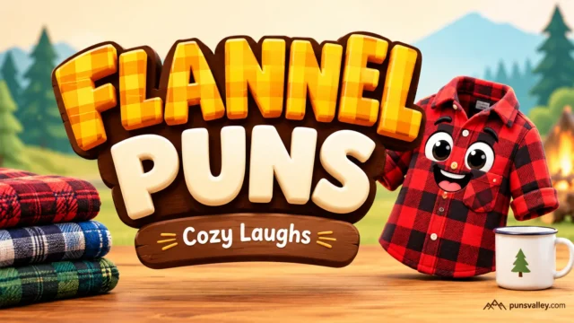 Flannel puns featured image with bold 3D lettering and a smiling red plaid shirt mascot.