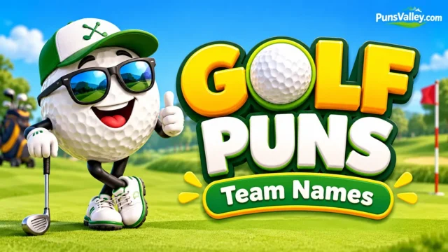 Golf puns team names thumbnail with a cheerful golf ball mascot and bold 3D lettering on a sunny golf course