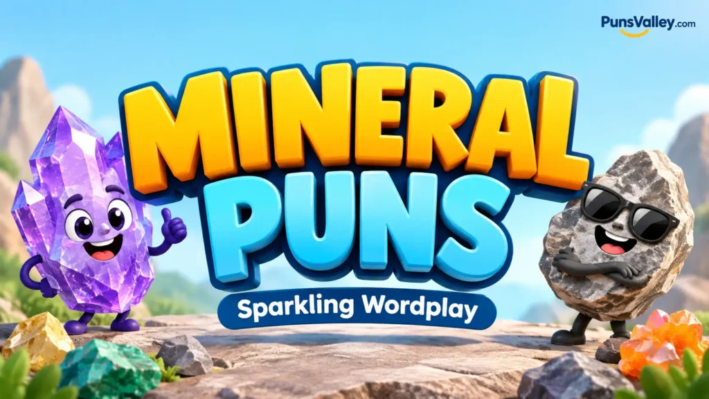 Mineral puns featured image with bold 3D lettering, a smiling amethyst crystal, and a cool cartoon rock.