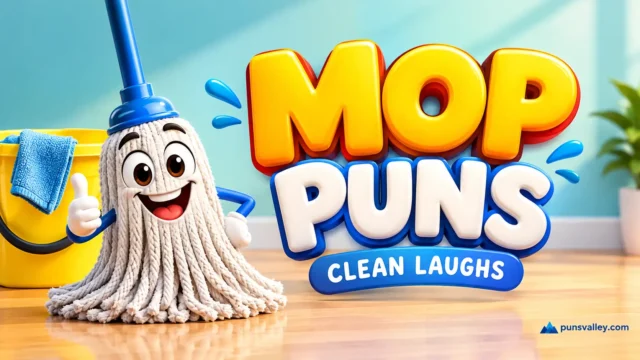 Mop puns featured image with bold 3D yellow and white lettering and a cheerful cartoon mop.