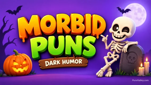 Morbid puns featured image with bold 3D lettering, a cheerful skeleton, and Halloween decorations.