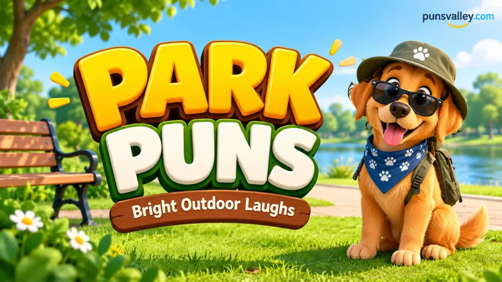 Park puns featured image with bold 3D text and a cheerful dog in a sunny park.
