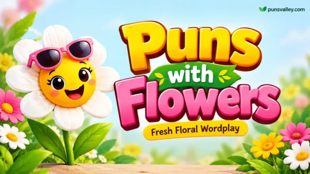 Puns with flowers featured image with a cheerful daisy mascot, colorful blooms, and bold 3D typography.