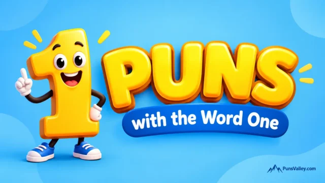 Featured image for puns with the word one, featuring a cheerful golden number one mascot and bold 3D lettering.