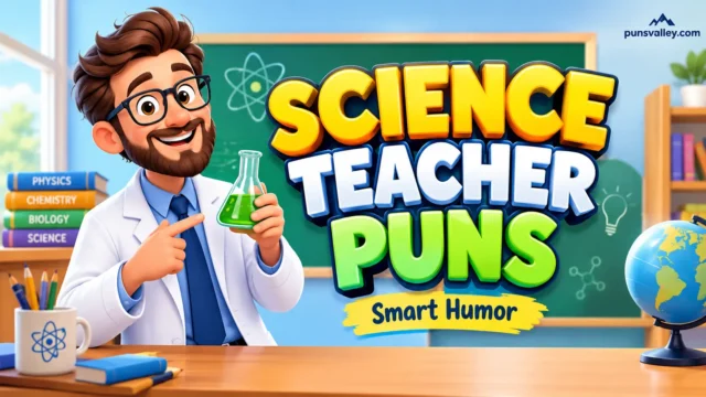 Science teacher puns featured image with a cartoon teacher holding a green flask in a colorful classroom.