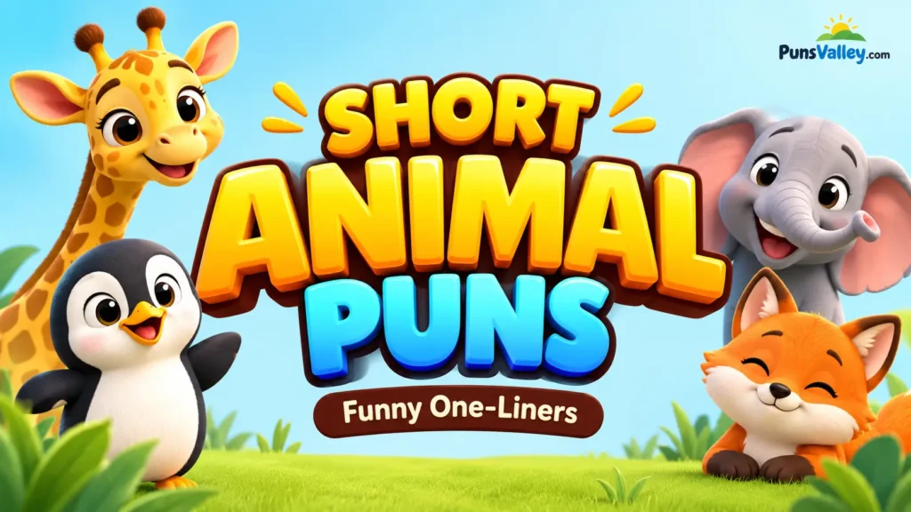 Short animal puns thumbnail with colorful 3D text, a giraffe, penguin, elephant, and fox.