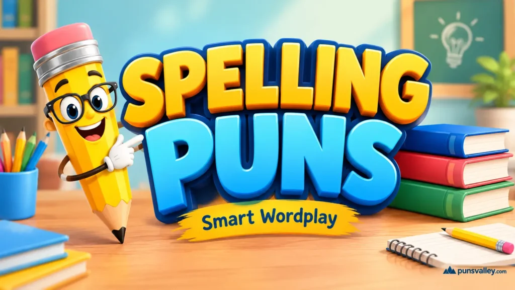 Bright 3D spelling puns thumbnail with a cheerful pencil mascot, books, and bold typography