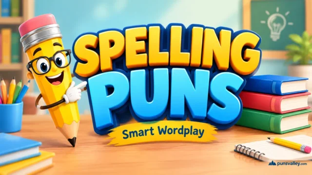 Bright 3D spelling puns thumbnail with a cheerful pencil mascot, books, and bold typography