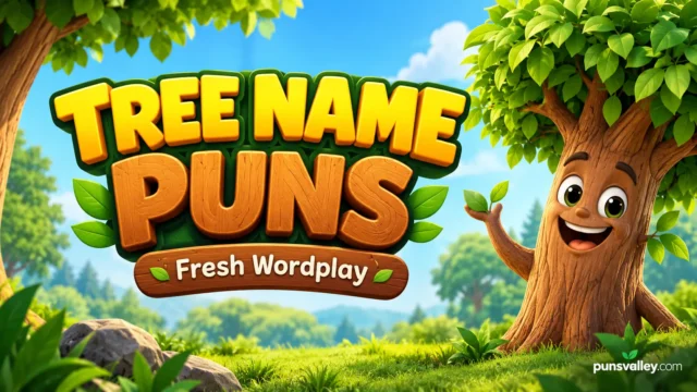 Tree name puns featured image with bold 3D lettering and a cheerful cartoon tree mascot.