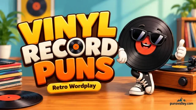 Vinyl record puns featured image with colorful 3D typography and a retro vinyl mascot.